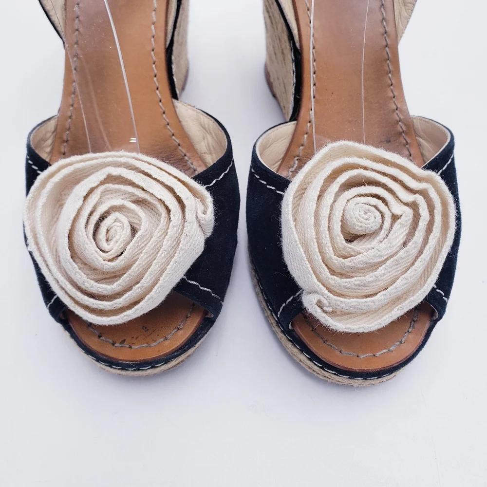 Kate Spade Brit Wedge Espadrille Sandal Black Suede Cream Rosette Twill Size 9.5